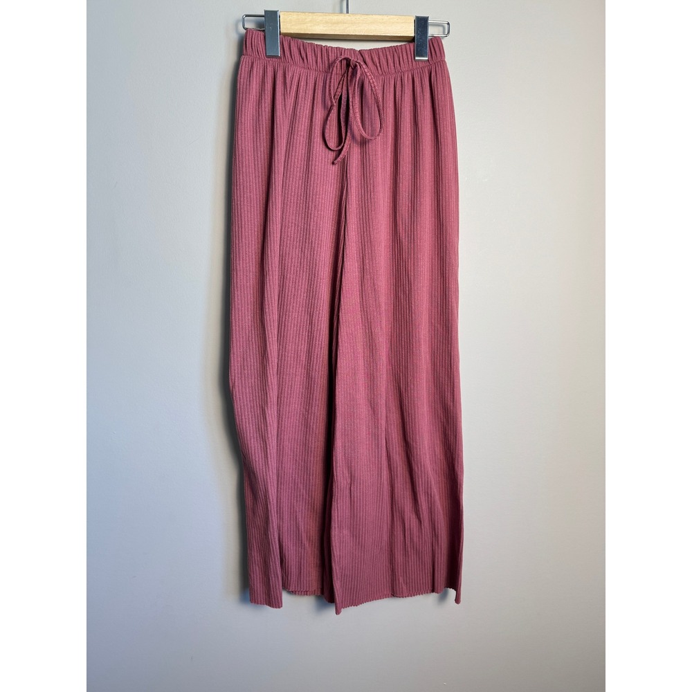 and April Simons Ribbed Wide Leg Crop Pants Mauve Pink Lounge Boho OS Tie Accent